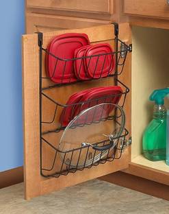 Indian Decor 28575 Pot Lid Holder, Storage Organizer, Over The Cabinet Door Iron Wall Shelf