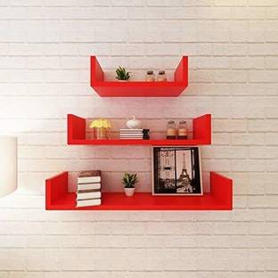 Amaze Shoppee Engineered Wood Glossy Finish U-Shaped Floating Shelves for Home Storage Organization (Red) MDF (Medium Density Fiber) Wall Shelf