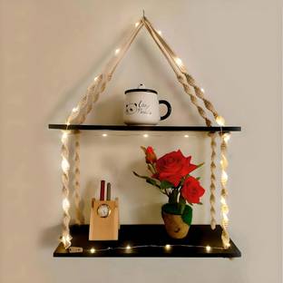 VAH Wood Macrema Knotting Rope 2 tier Wall hanging Wall shelf With LED light Wooden Wall Shelf