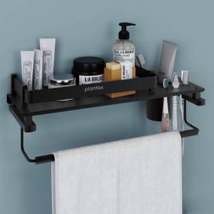 Plantex Stainless Steel Deluxe 3in1 Multipurpose Bathroom Shelf(15 x 6Inches-Matt Black) स्टेनलेस स्टील वॉल शेल्फ