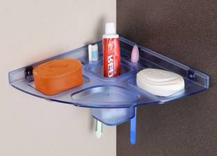 iSTAR Blue Transparent Plastic Soap Dish with tumbler for bathroom-5 in 1(pack of 1) Acrylic Wall Shelf