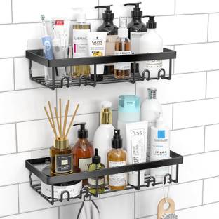 rich mart Shower Organizer Shelf - Self-Adhesive Black Basket for Bathroom Stainless Steel Wall Shelf