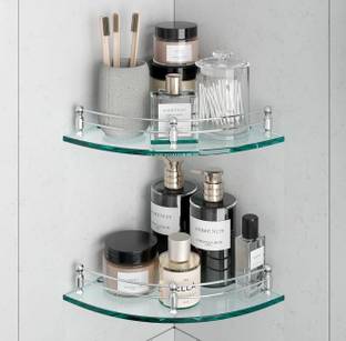 SHARVI ENTERPRISES Glass Corner Shelf Glass, Stainless Steel Wall Shelf