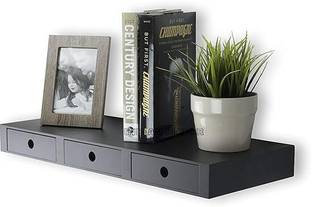 Indian Decor Wall Mountable Floating Shelf Storage Organizer with 3 Drawers in Black Wooden Wall Shelf