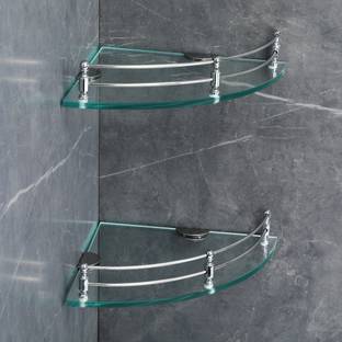 FORTUNE Multi-Purpose Glass Corner Shelf - 12 x 12 inch Wall Mount Shelf (Pack of 2) Glass, Stainless Steel Wall Shelf