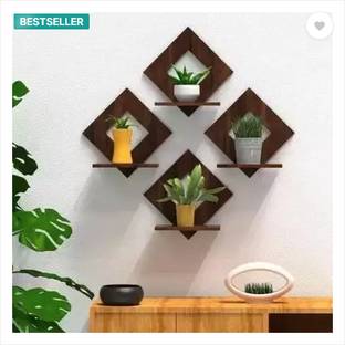 Stalory Walnut Finish Wooden Square Wall Hanging Planter Stand/Plant Shelf Wooden Wall Shelf