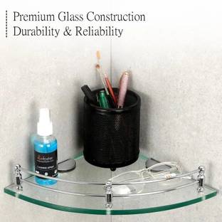 MOTIQO Glass Corner Shelf For Bathroom, Kitchen, Bathroom Accessories, Wall Shelf Round Glass, Stainless Steel Wall Shelf