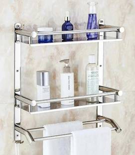 GLOXY Double Layer Shelf with Towel Rod - Bathroom Shelves for Optimal Storage Stainless Steel Wall Shelf
