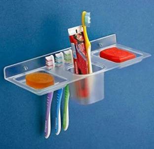 Frap Plastic 4-in-1 Multipurpose Bathroom Shelf with Soap Tray, Brush & Paste Holder Plastic Wall Shelf