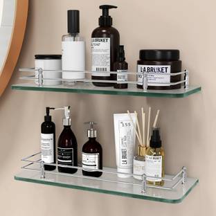 Plantex Premium Transparent Glass Shelf for Bathroom/Kitchen/Living Room (15x6 Inches) Glass Wall Shelf