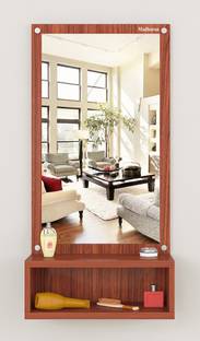 Madhuran Engineered Wood Wall Mounted Mirror with Storage Box Colour Classic Walnut Wooden Wall Shelf