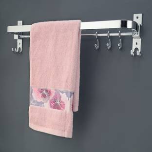 GRIVAN Anti Rust 304 Grade 24 Inches Folding Towel Rod with Hooks Stainless Steel Wall Shelf