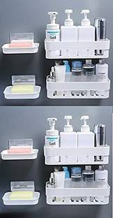 Zenvio 4 Plastic Bathroom Kitchen Shelf + 4 Soap Box Stand Combo with Adhesive Stickers Plastic Wall Shelf
