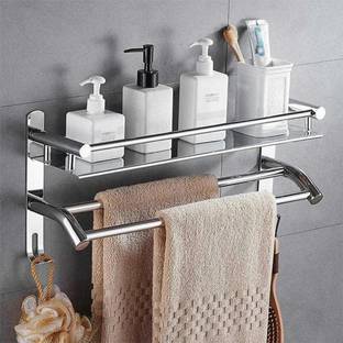 Nexanest Rack for Bathroom Storage/Multipurpose Steel Bathroom Shelf/Hooks & Towel Hanger Stainless Steel Wall Shelf