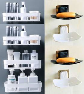 QXORE White Bathroom Shelves 4 Pcs + Soap Stand 4 Pcs Multipurpose and Rack for Home Plastic Wall Shelf
