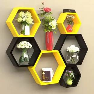 Crownista wooden wall shelf Wooden Wall Shelf (Number of Shelves - 6, Yellow Black ) Wooden Wall Shelf
