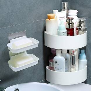 Zenvio 4 Pcs Wall Shelves Round Corner Bathroom Shelf (2 Corner + 2 Soap Box) (White)