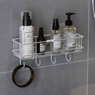Plantex Steel Self-Adhesive Multipurpose Bathroom Shelf with Hooks/Towel Holder/rack Stainless Steel Wall Shelf