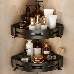 VRPRIME 2 Pc Self-Adhesive Aluminium Bathroom Corner Shelf | Space Saving Corner Rack Stainless Steel Wall Shelf