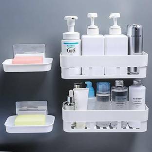 DEQTRON 2 Pcs Bathroom Organizer Plastic Storage Racks and 2 Pcs Soap Dish Without Drill Plastic Bathroom Set