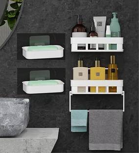 AKEY 2 Bathroom Shelves+2 Soap Dish+1 Towel Hanger Bathroom Organizer Rack