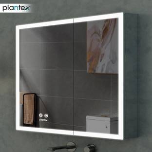Plantex LED Mirror Cabinet for Bathroom with Defogger/Double Door Cabinet (19x19 Inches) Stainless Steel Wall Shelf