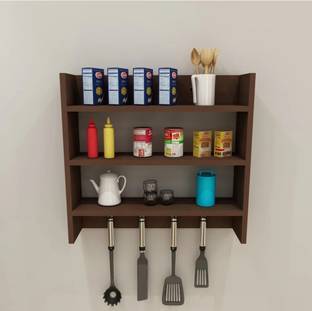 pndggroup Wooden Wall Mounted Rack with hooks, Organizer, Shelf for Kitchen Storage Boxes MDF (Medium Density Fiber) Wall Shelf