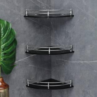 FORTUNE Wall Mount Glass Corner Shelf, Bathroom Shelf (12 x 12 Inch) (Pack of 3) Glass, Stainless Steel Wall Shelf