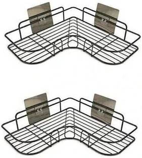 SIYA INFOTECH Self-Adhesive Metal Bathroom Corner Rack Storage Shelves, Shelf Organizer- Black Steel Wall Shelf