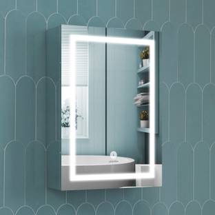 Plantex Platinum Bathroom Mirror Cabinet with LED Light (14x20) Storage Organizer 304 Stainless Steel Wall Shelf