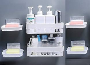 Qrex Pack Of 6 ABS Plastic Multiperurpose Home Kitchen Bathroom Accessories Traceless Self Adhesive Wall Mounted No Drill Soap Dish Holder And Bhathroom Shelves Stick for Shampoo; Conditioner Shower Caddy Rack Shelf with Strong Adhesive Magic Sticker (2 Bhathroom Shelves + 4 Soap Dish Holder,WhiteColour)