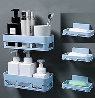 Qrex PacK Of 5 Pcs Bathroom Toothpaste Stand with Toothbrush Holder Abs Plastic Toothpaste Holder Dust-Proof Wall Mounted with Cover Bathroom Storage Stand & Toothbrush Holder with Sampoo Botal Holder & soap stand for Home in Bath Accessories with Strong Adhesive Magic Sticker (2 Bathroom shelves + 3 soap stand ,MultiColour, Wall Mount) Plastic Toothbrush Holder
