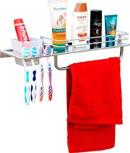HEXA GOLD Bathroom Shelf 3 in 1 Shelf/Tumbler /Toothbrush /Soap Holder Wall Shelf Stainless Steel Wall Shelf