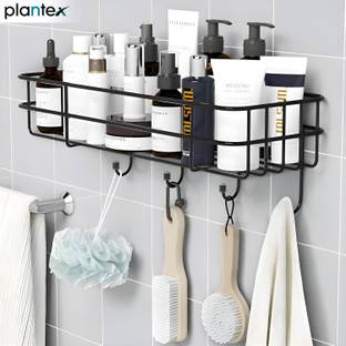 Plantex GI Steel Self-Adhesive Bathroom Shelf with Hooks for Bathroom - Multipurpose Steel Wall Shelf