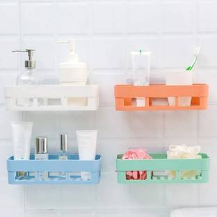 GORLERA Multipurpose Kitchen Bathroom Shelf Wall Holder(4 Shelf + 2 Towel Hanger ) Plastic Wall Shelf