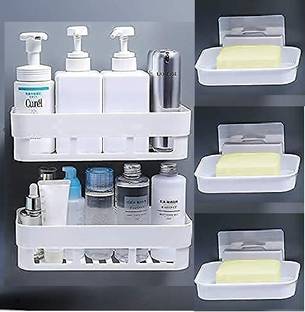 Zenvio Pack of 5 Wall Mount Bathroom Shelf and Soap Rack for Home and Kitchen (White) Plastic Wall Shelf