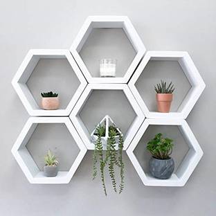Alexa Handicrafts Honeycomb Hexagon Geometric Engineered Wood Floating Shelves, White Wooden Wall Shelf