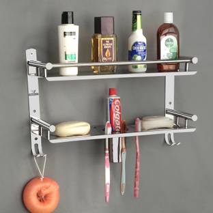 Well Set Multipurpose Bathroom & Double Dish&Tumbler&Soap&Tooth Brush Holder Stainless Steel Wall Shelf
