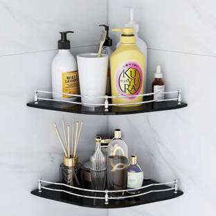 FORTUNE 12 x 12 Inch Flower Black Glass Storage Corner Shelf, Kitchen Shelves(Pack of 2) Glass, Stainless Steel Wall Shelf