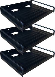 ShelfKing Wall Mounted Set-Up Box Stand With Metal Side Support, Color - Black, Pack Of 3 Iron Wall Shelf