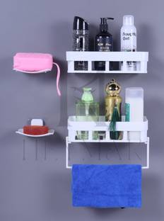 HEYMAK 5 pc Bathroom Organizer Shempu Stand, Wall mounted Shelve Soap Dish and Towel Plastic Wall Shelf
