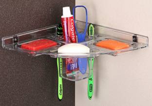 iSTAR Clear Transparent Soap Dish with Tooth Brush Holder Corner (PACK OF 1) Plastic Wall Shelf