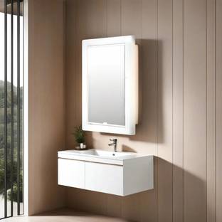 Branco Strong and Heavy Glam Look Storage Cabinet with Mirror Polypropylene, Glass Wall Shelf