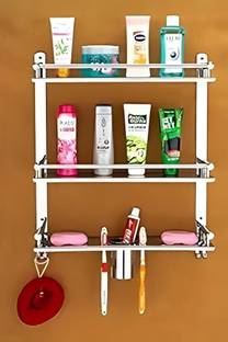Citrine 3 Layer Multipurpose Bathroom Shelf with Double Soap Dish and Tumbler Steel Wall Shelf