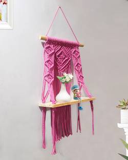 Homesake Macrame Wall Hanging Boho Decor Wood Floating Shelf for Bedroom Butterfly, Pink Wooden Wall Shelf