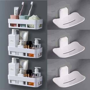 Lufasa Cup Kitchen Rack Plastic White Bathroom Shelves 3 Pcs + Soap Stand 3 Pcs Multipurpose and Rack for Home
