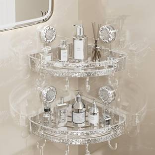 SIGMASTONE Corner Shelf for Bathroom Wall Self Adhesive & Suction Storage Shelf Plastic Wall Shelf