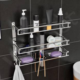 Well Set Multipurpose Bathroom & Double Dish&Tumbler&Soap&Tooth Brush Holder/Towel Stainless Steel Wall Shelf