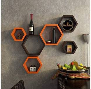 DecorEnBois Set of 6 Hexagon Shaped Wall Shelves / Rack MDF (Medium Density Fiber) Wall Shelf