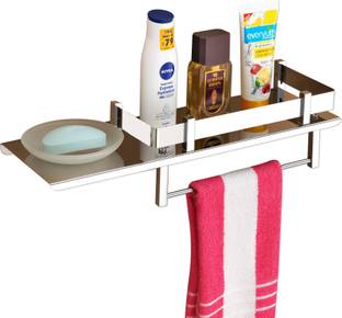 SMART SLIDE Stainless Steel Multipurpose Bathroom Shelf / Soap Dispenser / Soap Dish / Towel Hanger / Bathroom Stand / Soap Case / Bathroom Accessories (15 x 5 Inches) Stainless Steel Wall Shelf